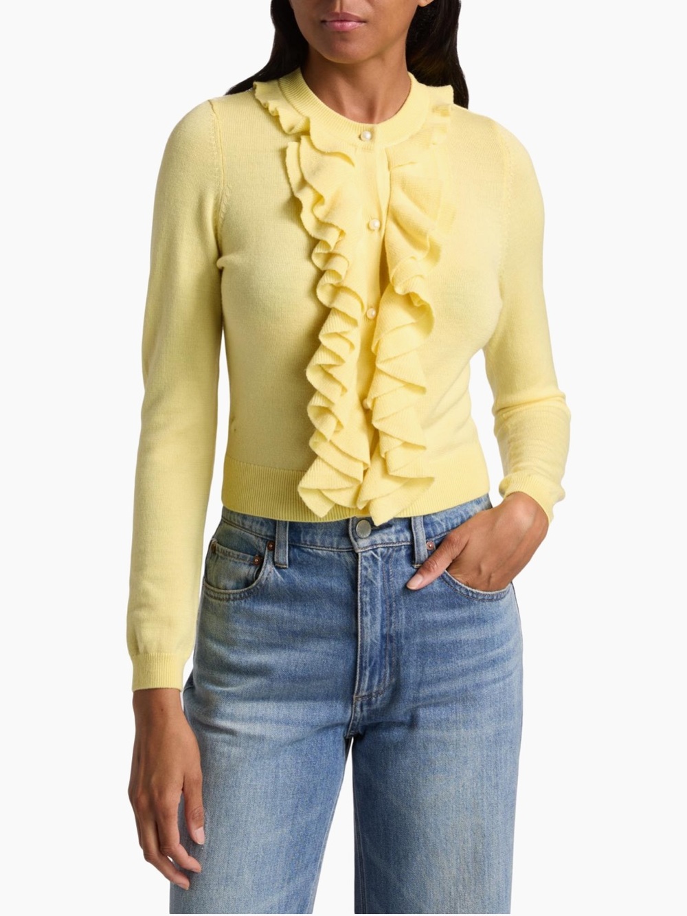 Alice + Olivia Dollie Ruffled Cashmere Cardigan in Yellow NWT - Picture 2 of 11